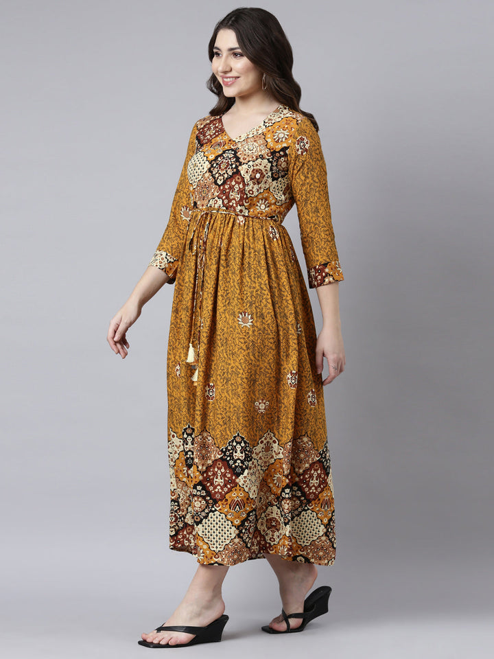 Neerus Yellow rayon printed maxi dress - back view