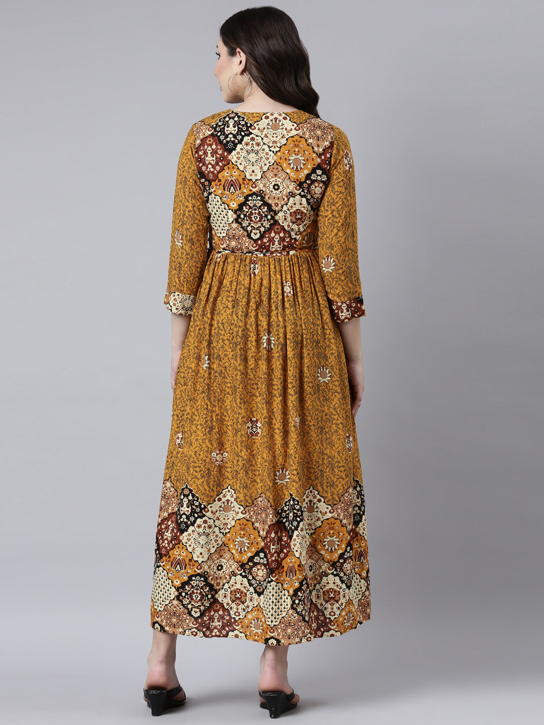 Neerus Yellow rayon printed maxi dress - side view