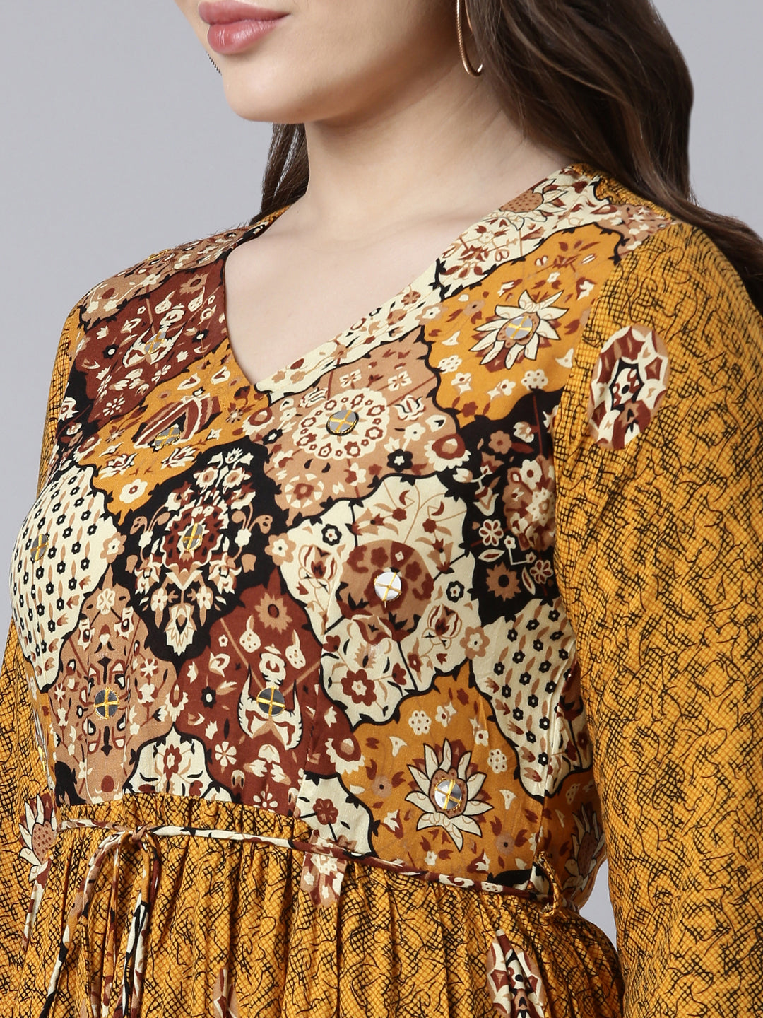 Neerus Yellow rayon printed maxi dress - detail view 1