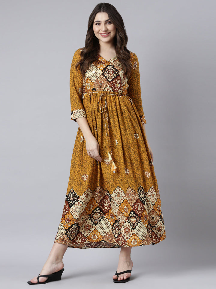 Neerus Yellow rayon printed maxi dress - front view