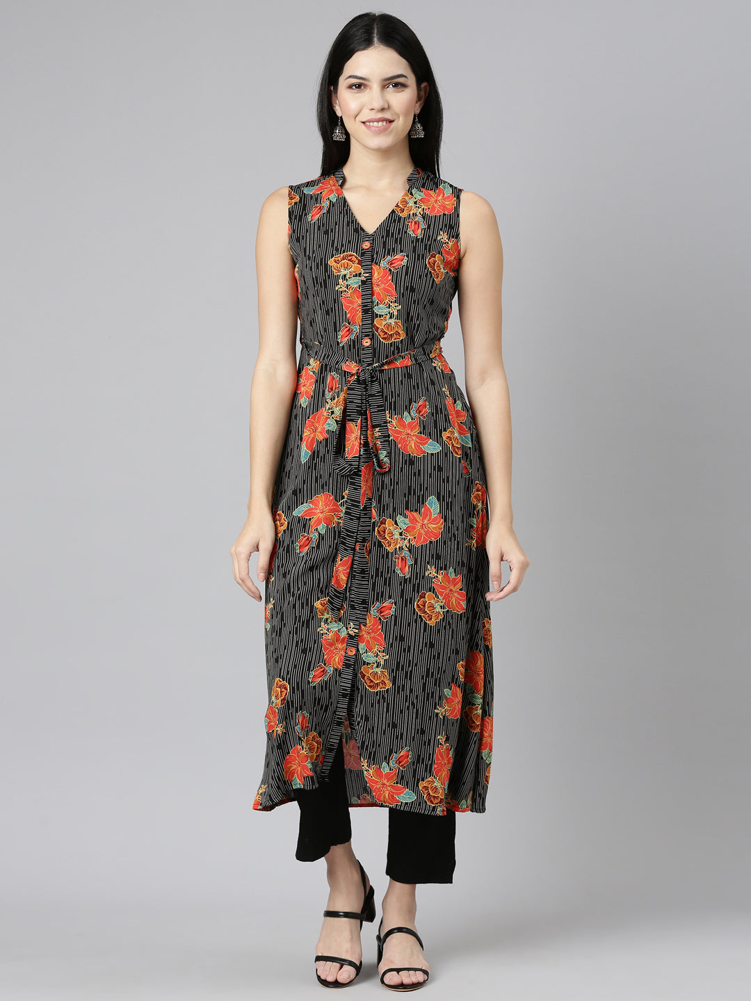 Neerus Black rayon printed straight kurti - front view