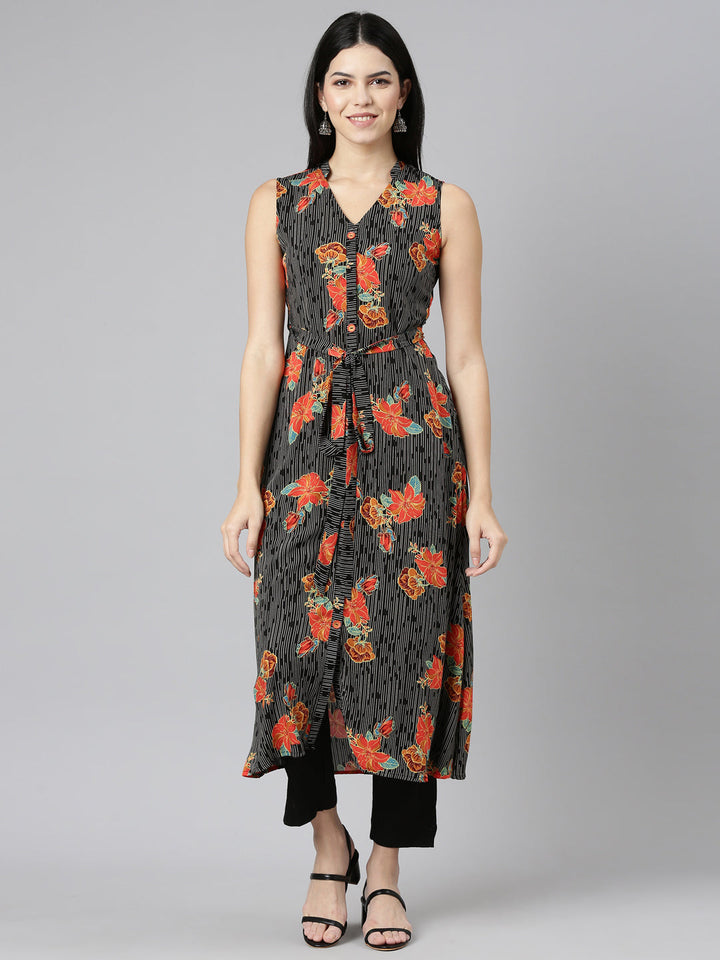 Neerus Black rayon printed straight kurti - front view