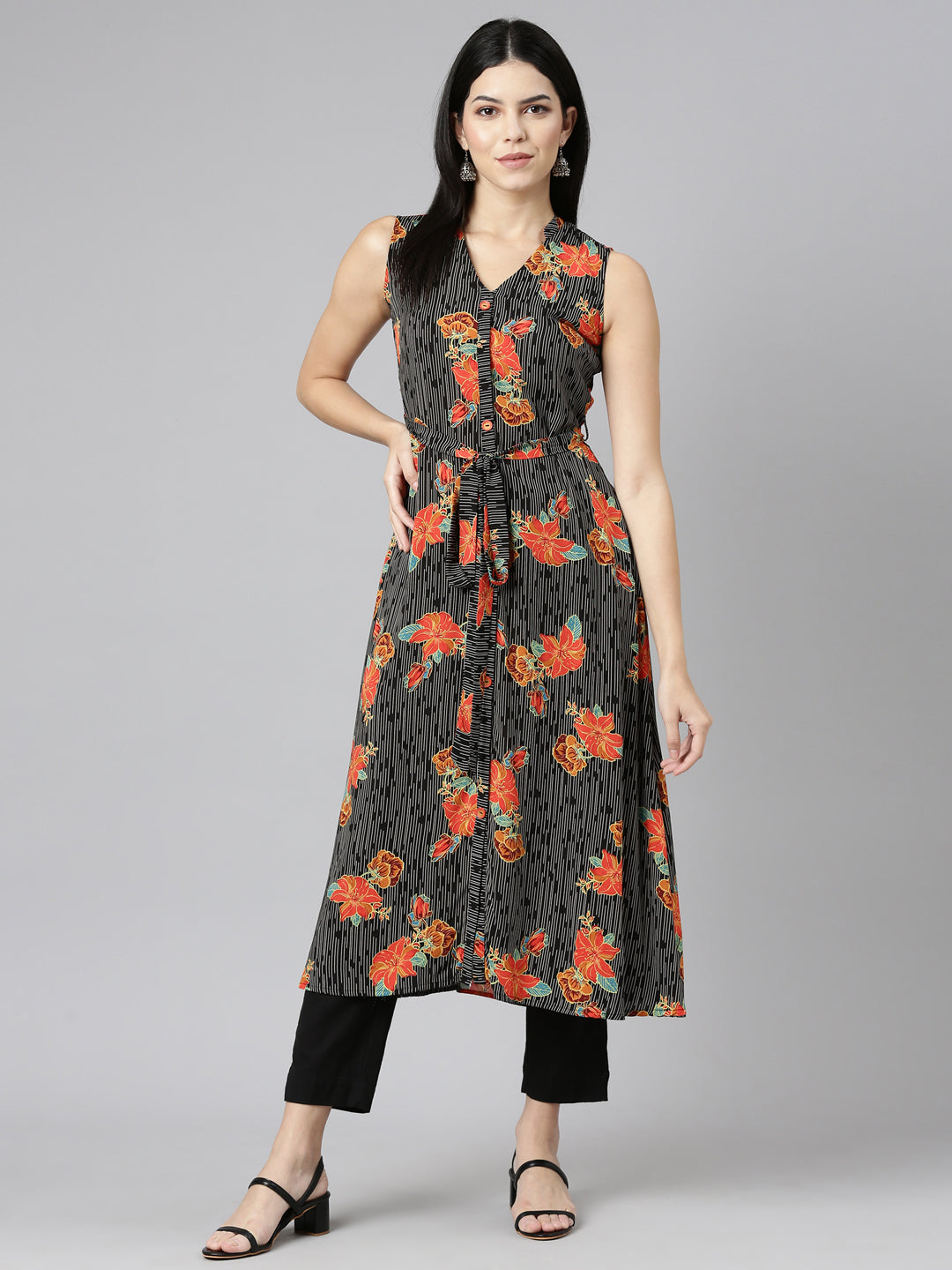 Neerus Black rayon printed straight kurti - detail view 2