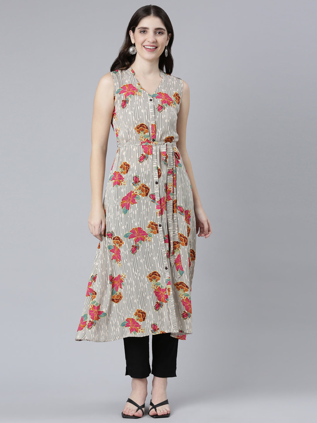 Neerus Beige rayon printed straight kurti - front view