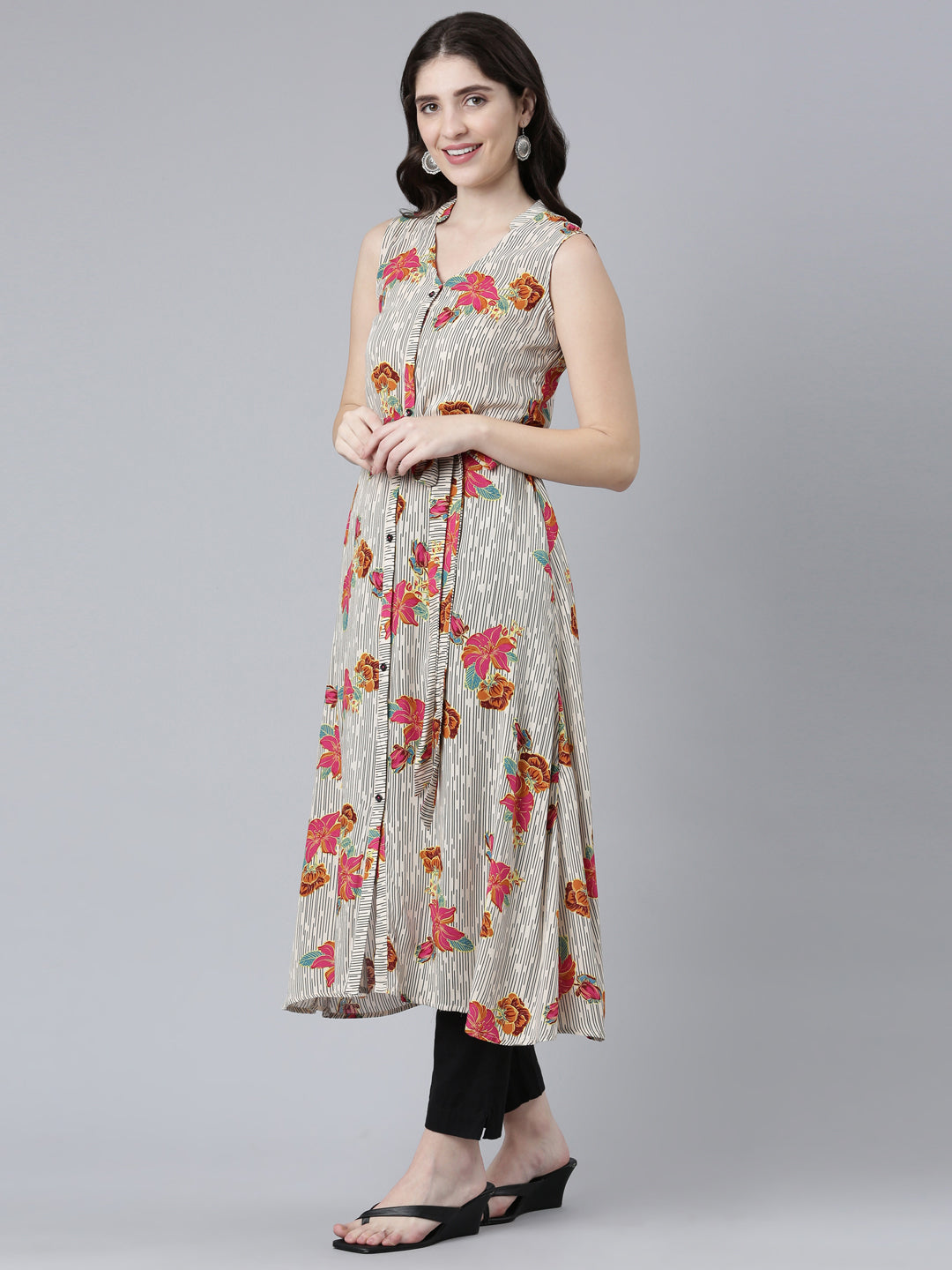 Neerus Beige rayon printed straight kurti - back view