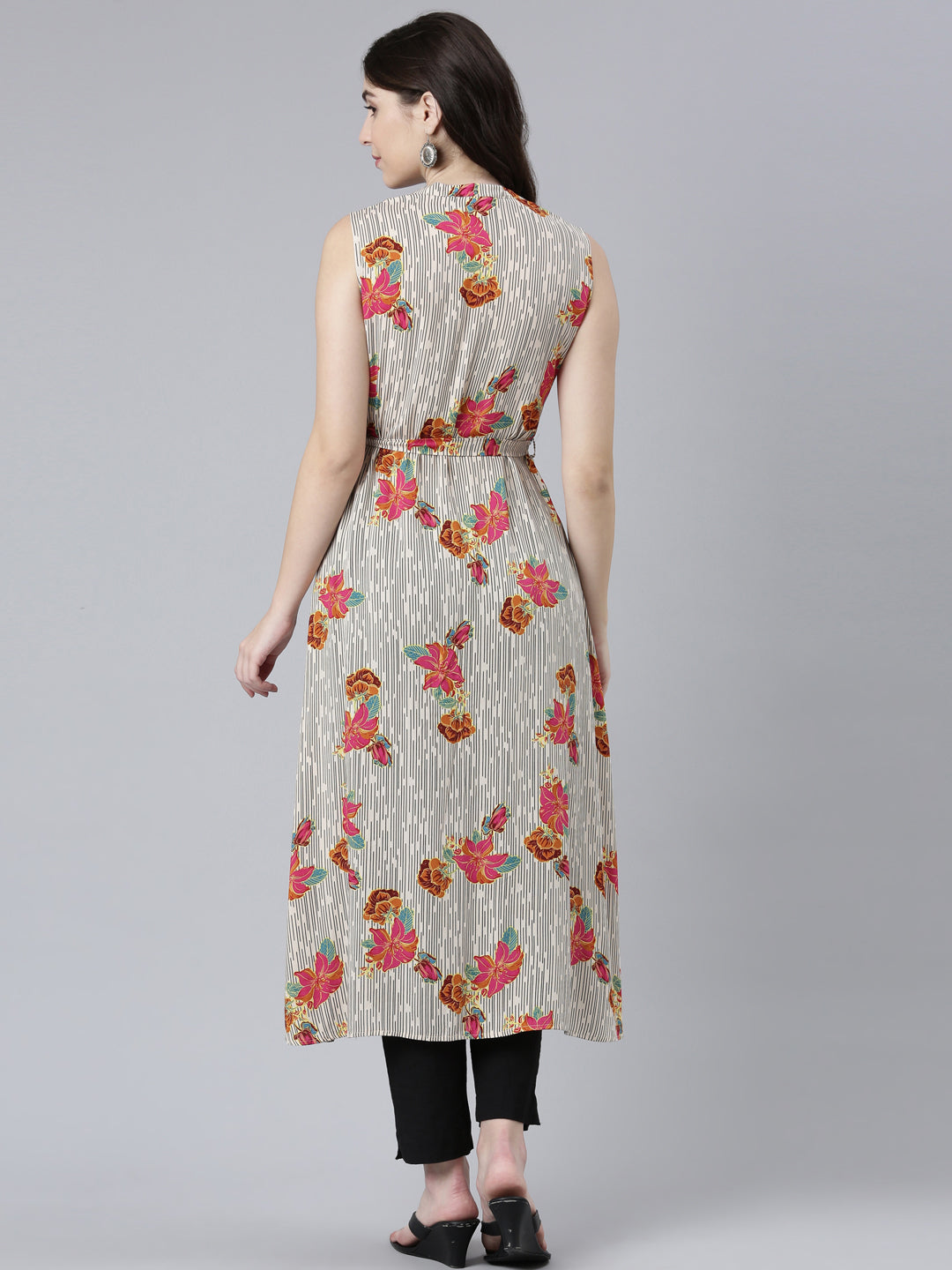 Neerus Beige rayon printed straight kurti - side view