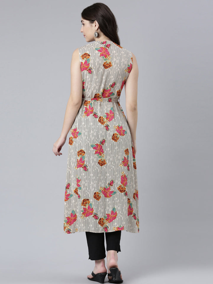 Neerus Beige rayon printed straight kurti - side view