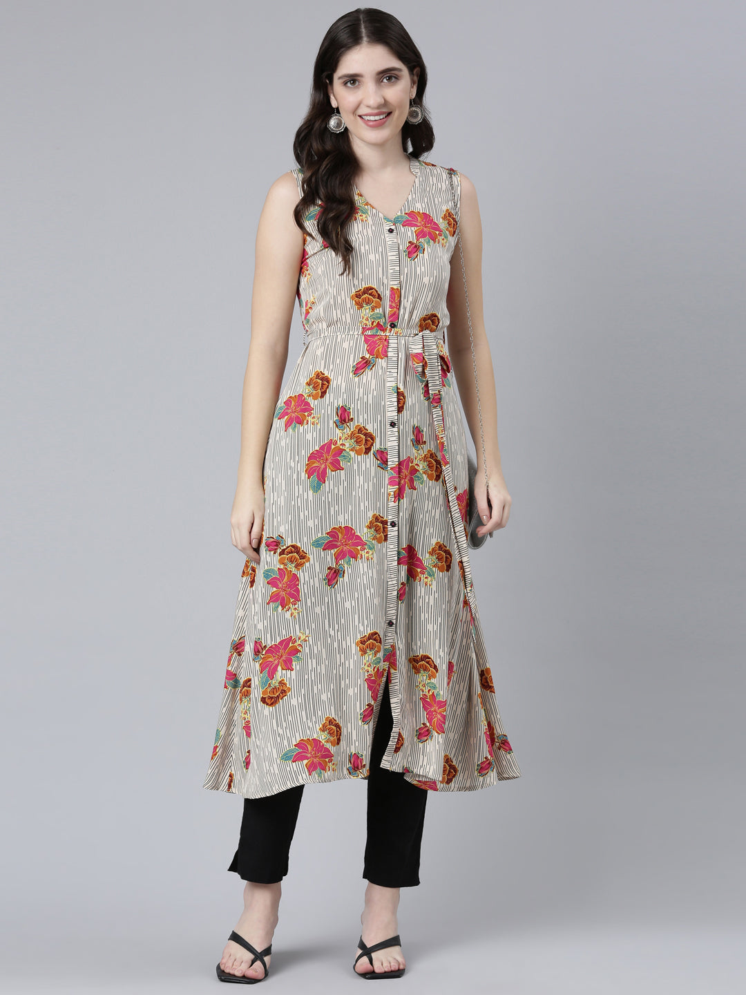 Neerus Beige rayon printed straight kurti - detail view 2