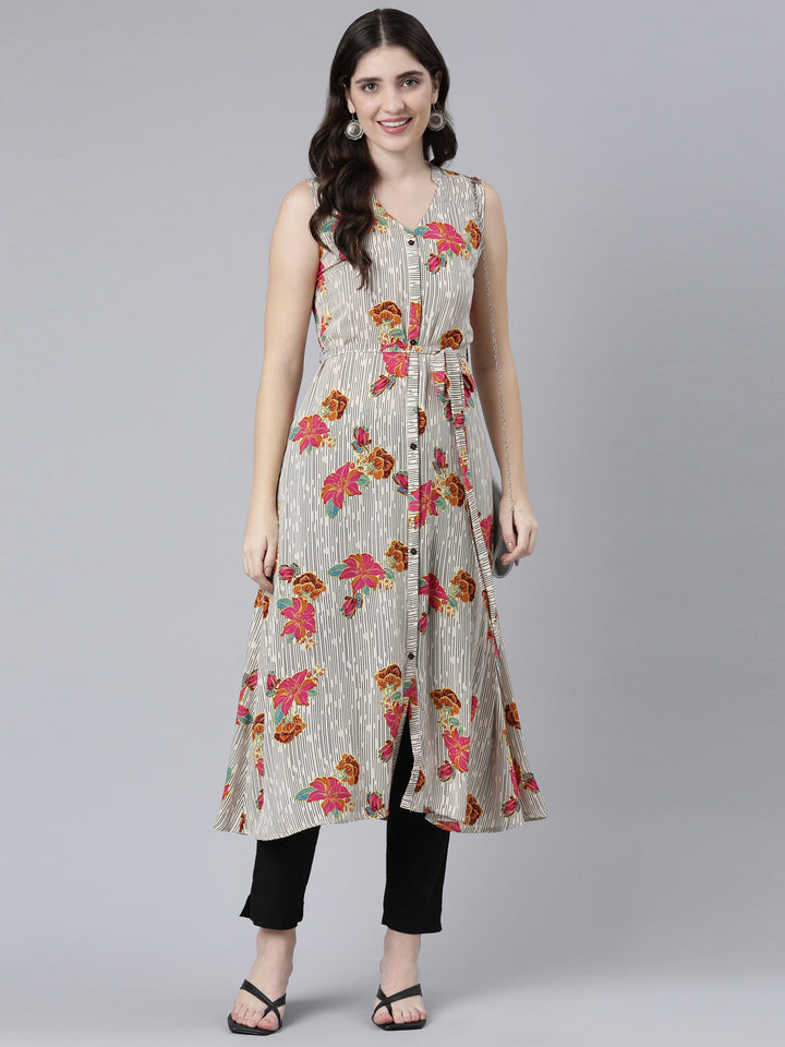 Neerus Beige rayon printed straight kurti - detail view 2