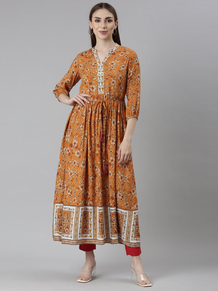 Neerus Orange Rayon Printed Dress - front view
