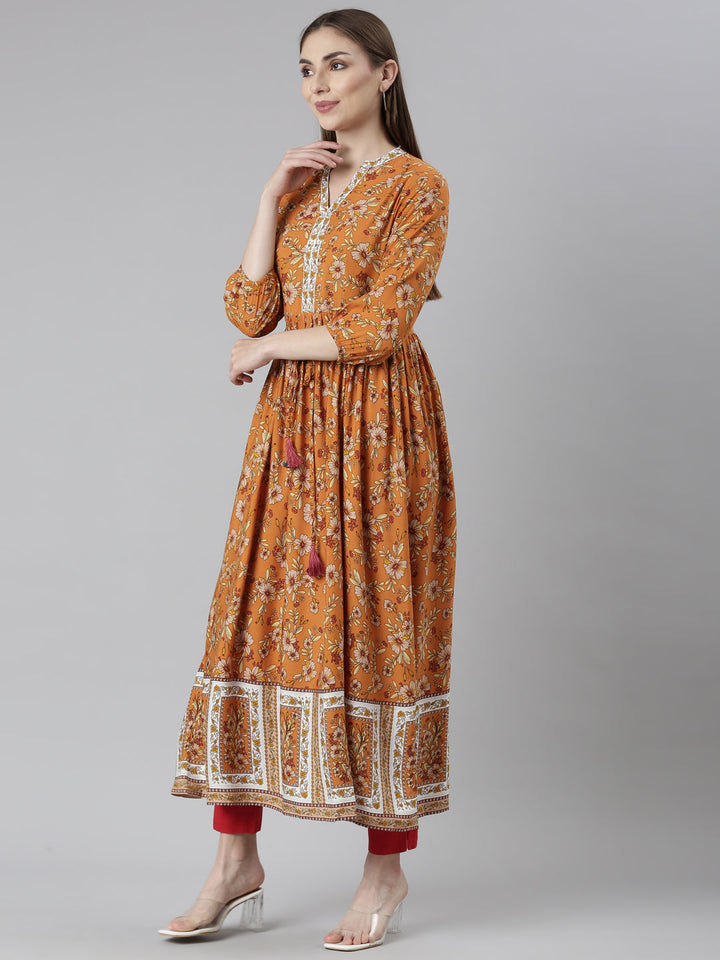 Neerus Orange Rayon Printed Dress - back view