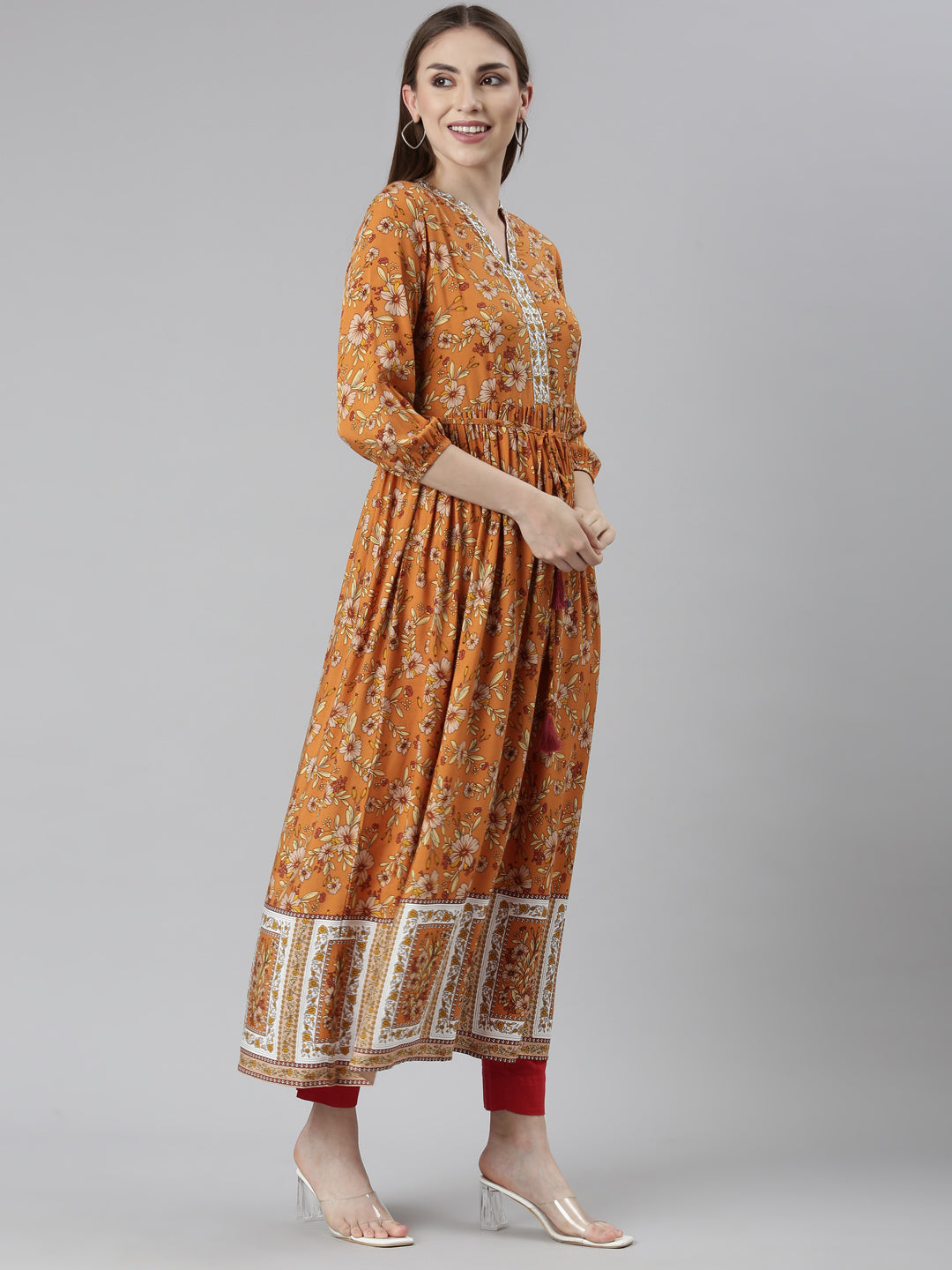 Neerus Orange Rayon Printed Dress - side view