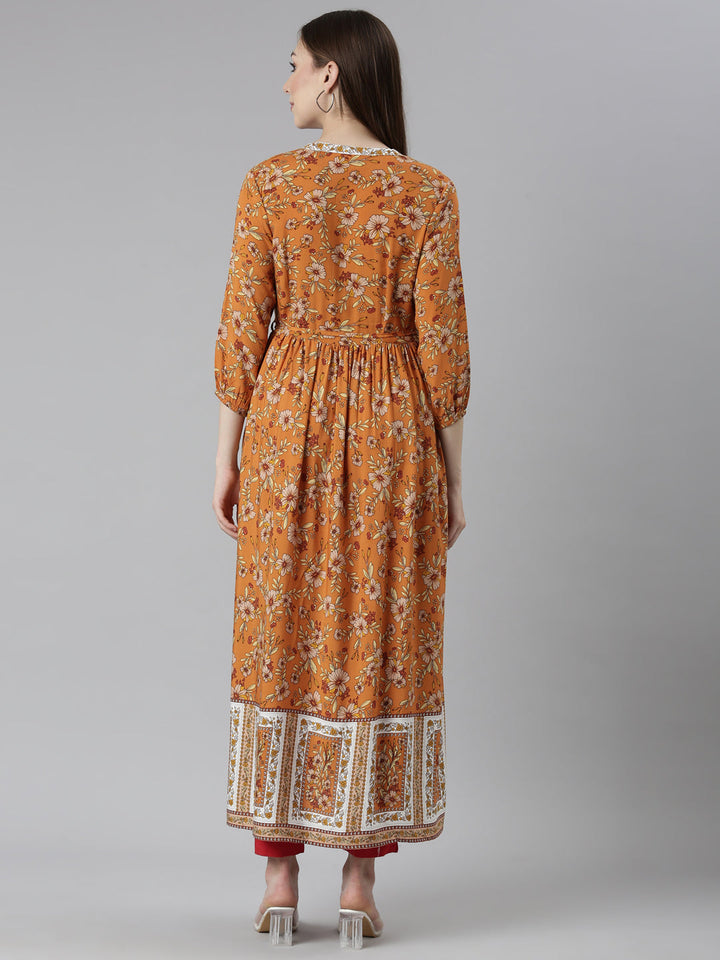 Neerus Orange Rayon Printed Dress - detail view 1