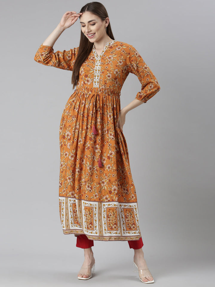 Neerus Orange Rayon Printed Dress - detail view 2
