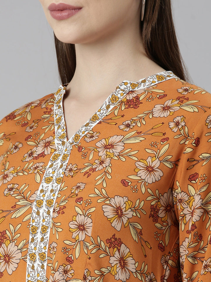 Neerus Orange Rayon Printed Dress - detail view 3