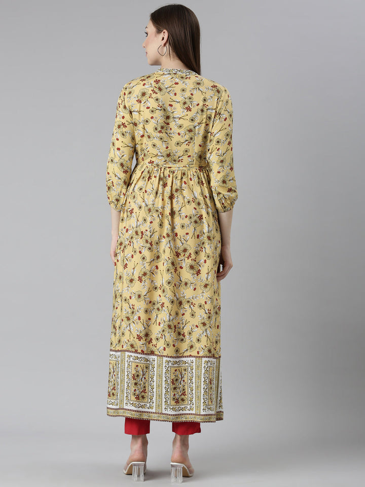Neerus Yellow Straight Casual Floral Dresses