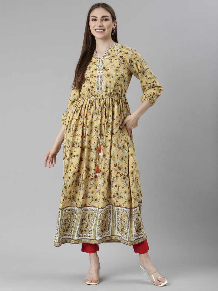 Neerus Yellow Straight Casual Floral Dresses