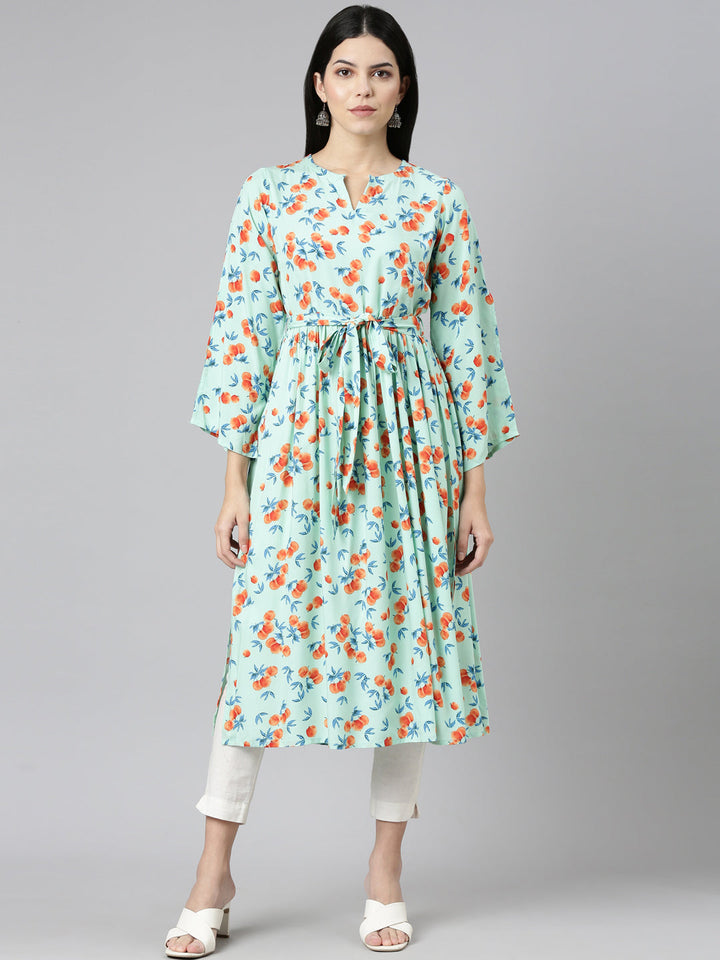 Neerus Green Rayon Printed Straight Kurti - front view