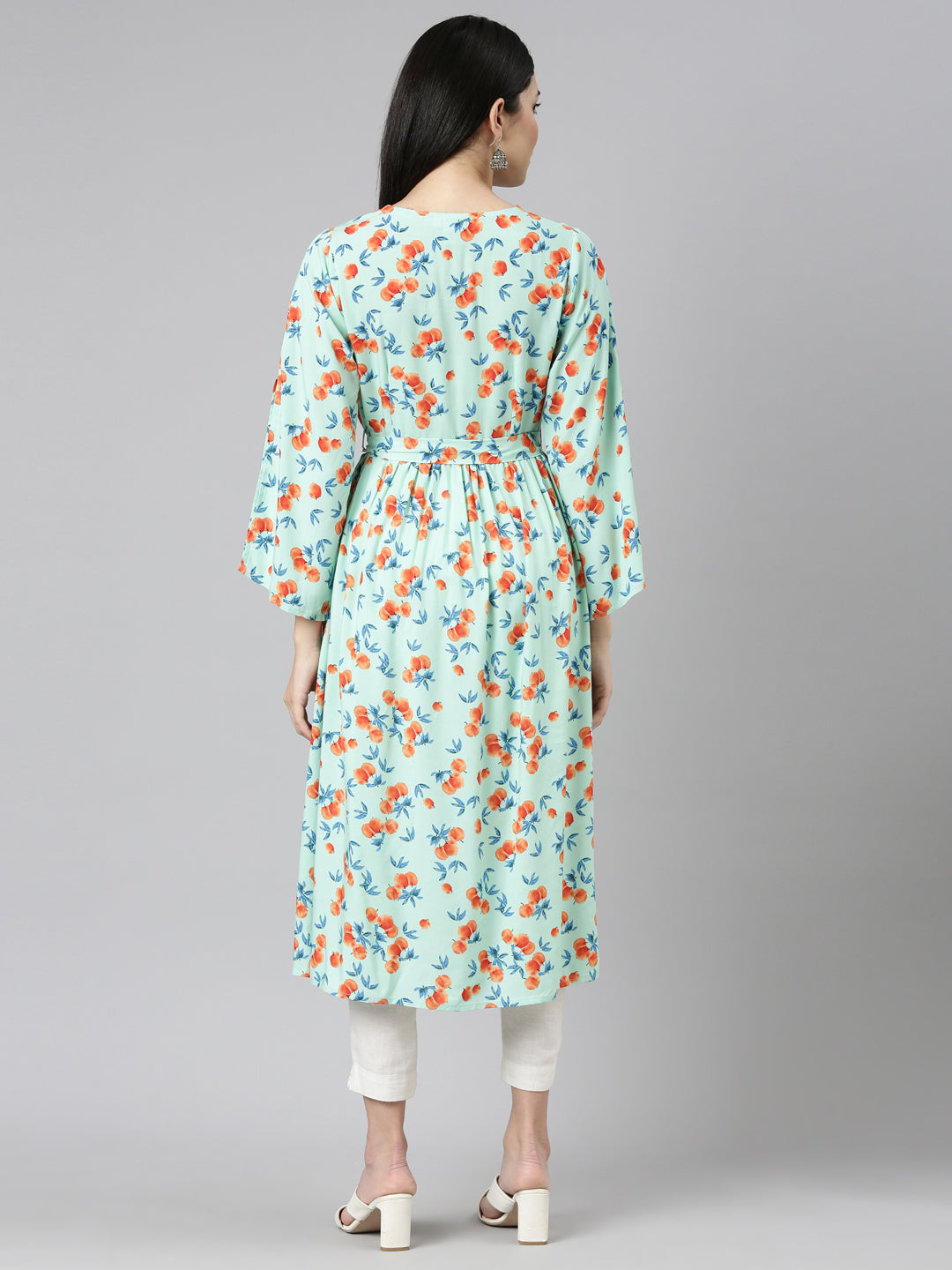 Neerus Green Rayon Printed Straight Kurti - side view