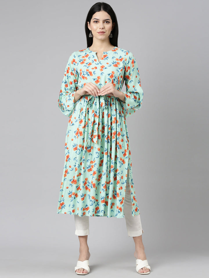 Neerus Green Rayon Printed Straight Kurti - detail view 2