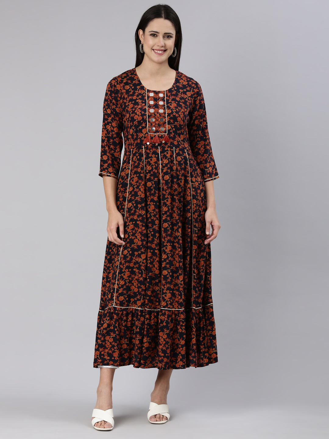 Neerus Blue printed floral straight dress - front view