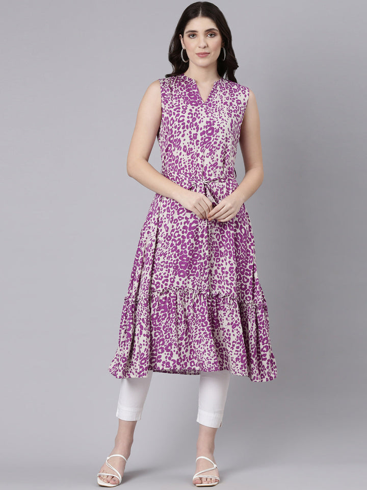 Neerus Purple rayon printed straight kurti - front view