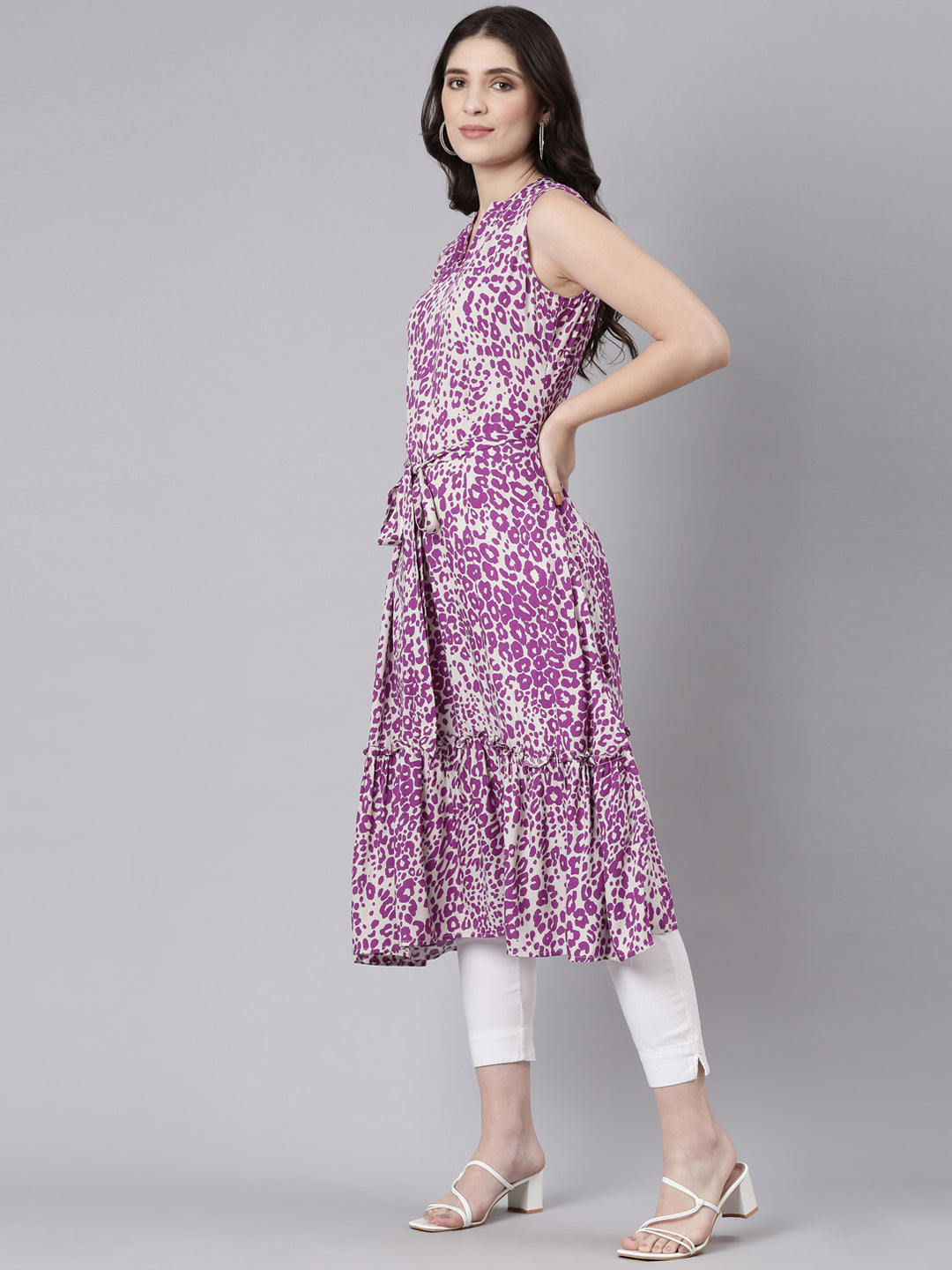 Neerus Purple rayon printed straight kurti - back view