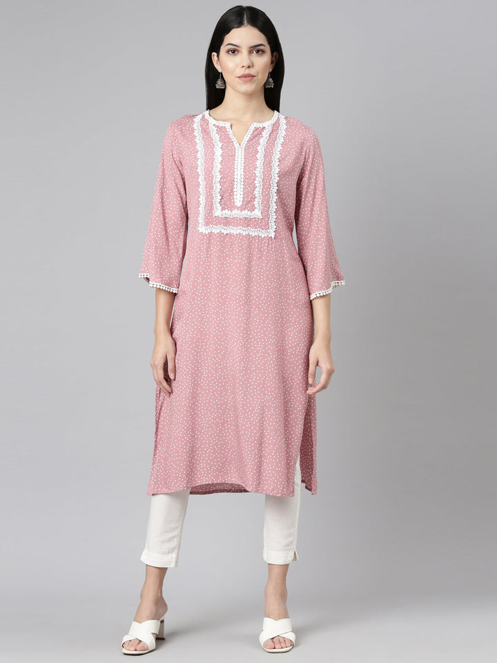 Neerus Pink rayon printed straight kurti - front view