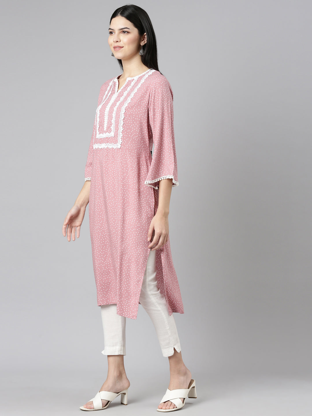 Neerus Pink rayon printed straight kurti - back view