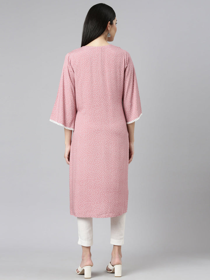 Neerus Pink rayon printed straight kurti - side view
