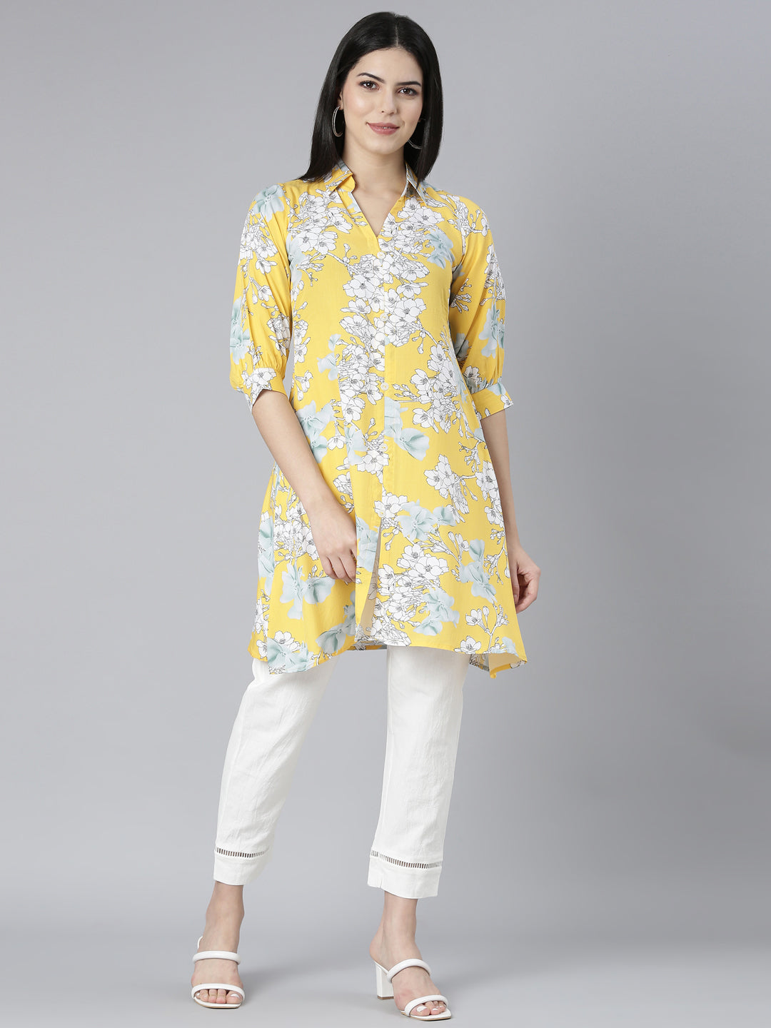 Neerus Yellow rayon printed kurta set with trousers - front view
