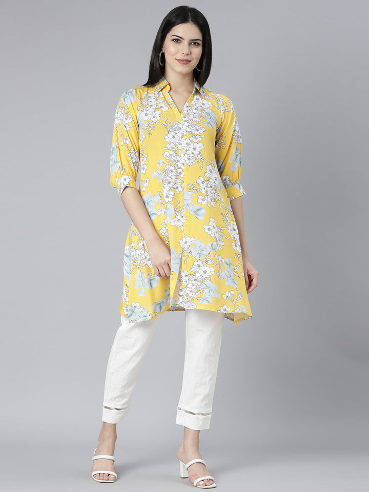 Neerus Yellow rayon printed kurta set with trousers - front view
