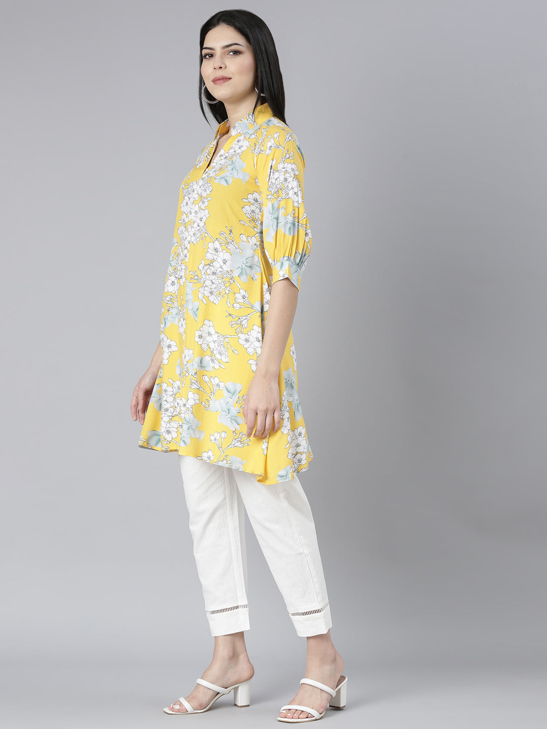 Neerus Yellow rayon printed kurta set with trousers - back view