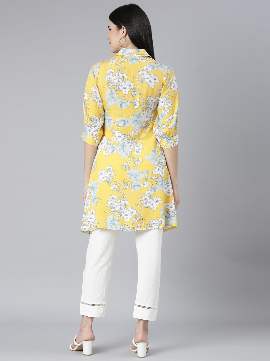 Neerus Yellow rayon printed kurta set with trousers - side view