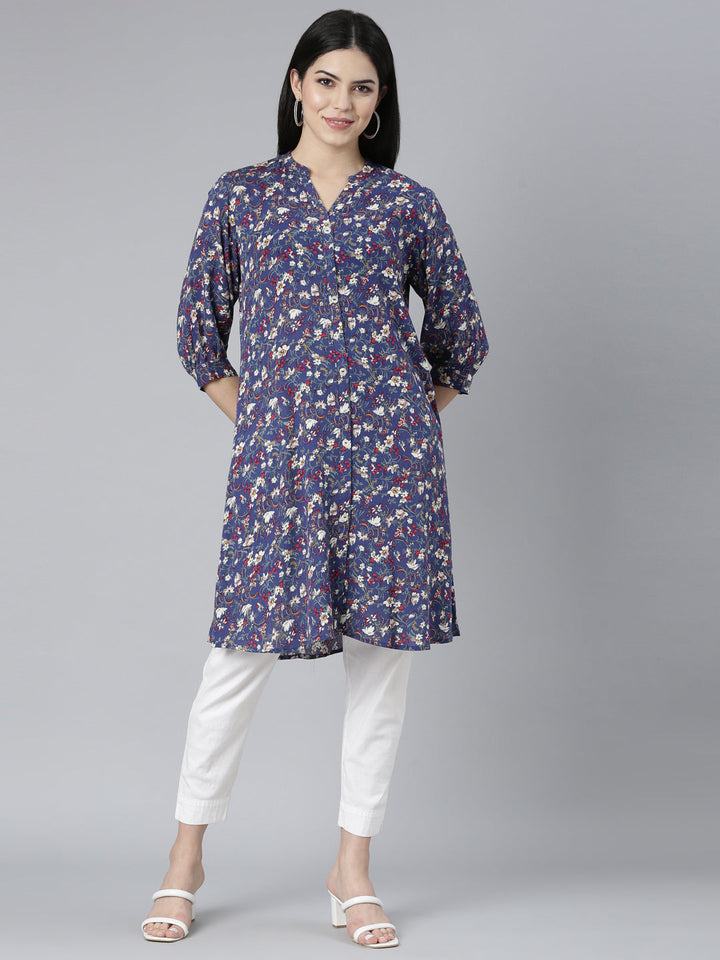 Neerus Blue georgette printed straight kurti - front view