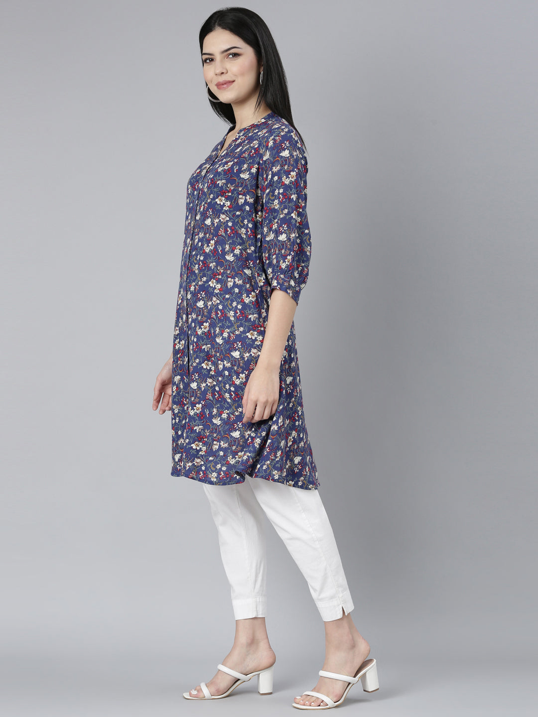 Neerus Blue georgette printed straight kurti - back view