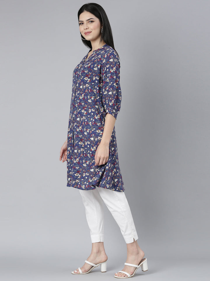 Neerus Blue georgette printed straight kurti - back view