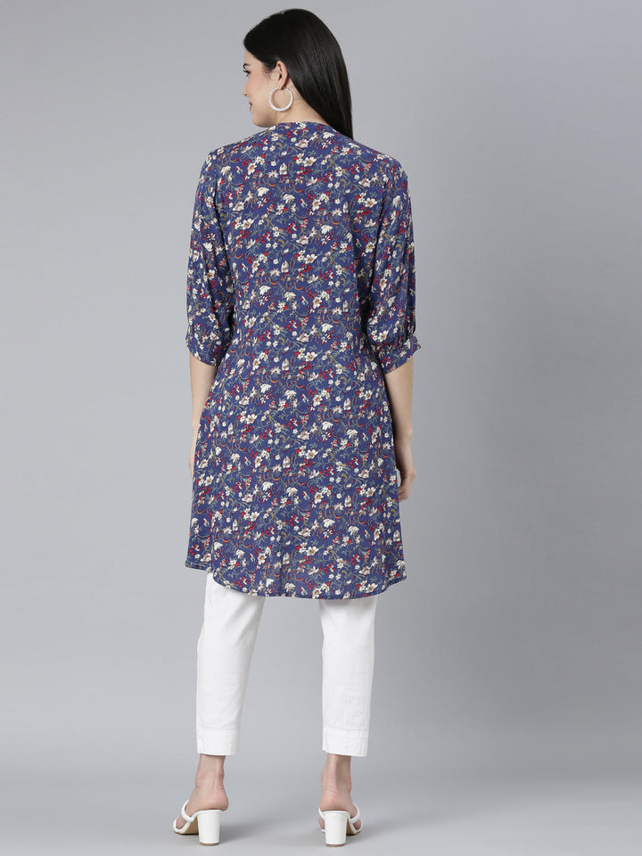 Neerus Blue georgette printed straight kurti - side view