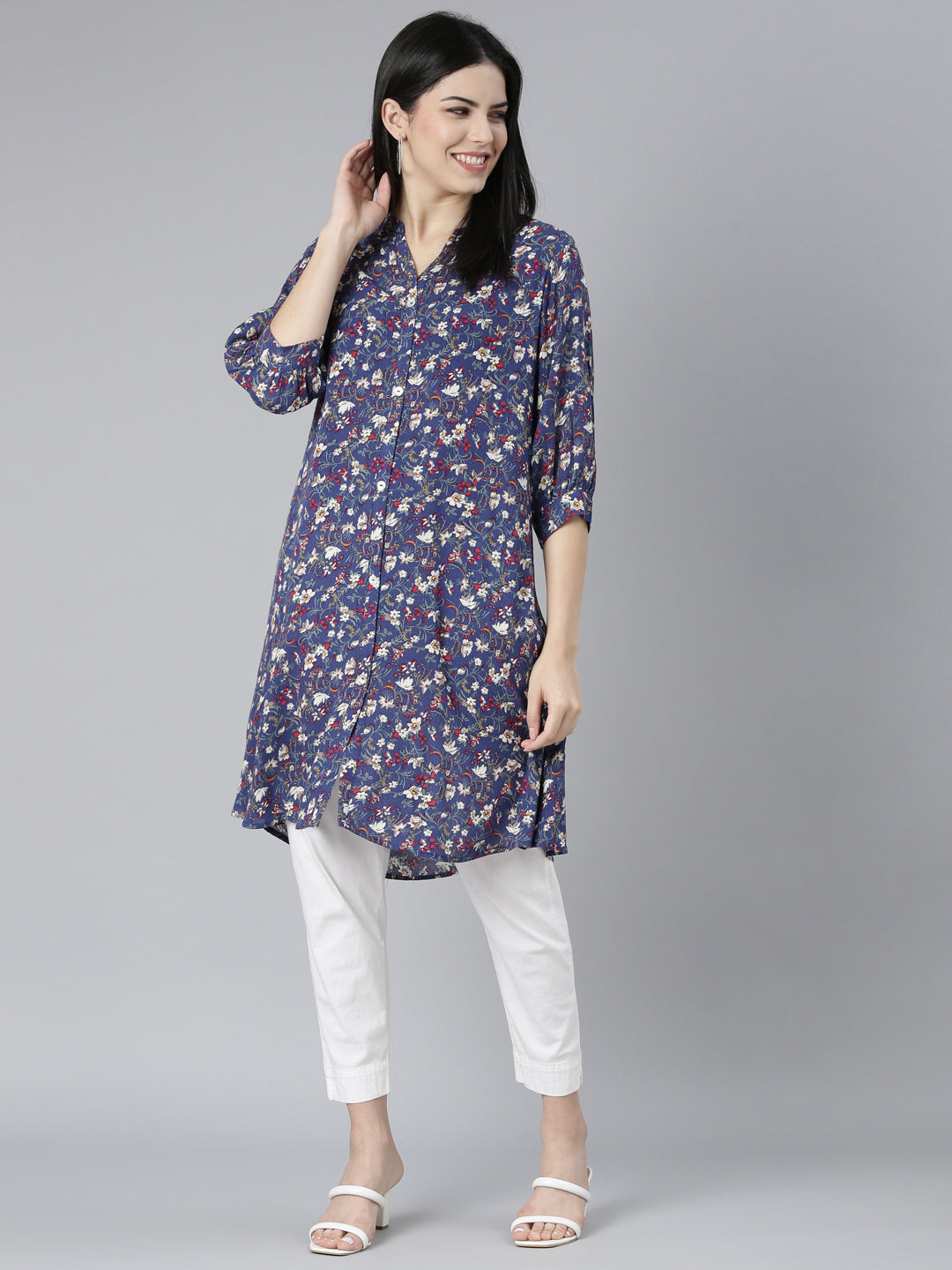 Neerus Blue georgette printed straight kurti - detail view 2