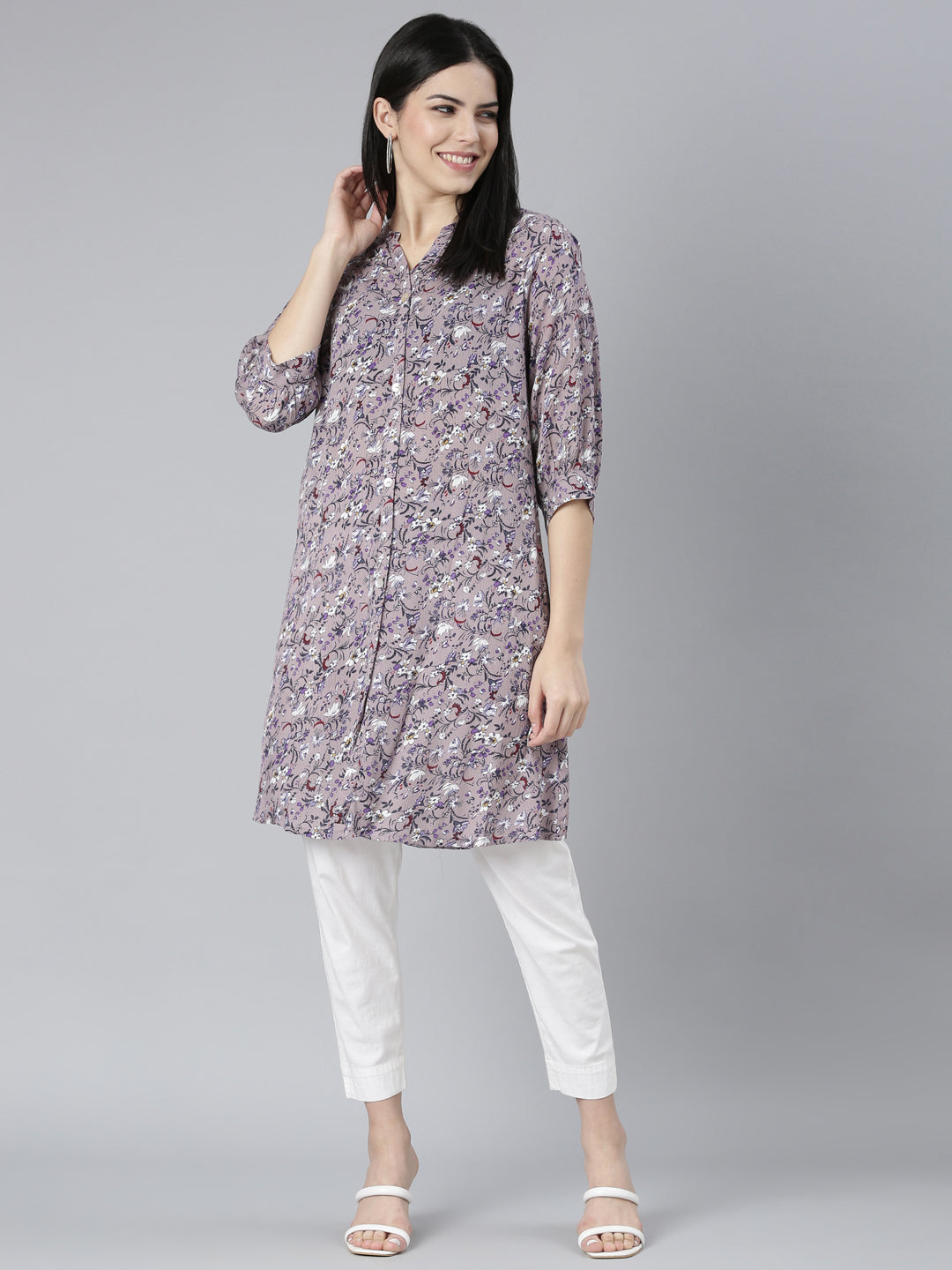 Neerus Grey georgette printed floral straight kurti - detail view 2