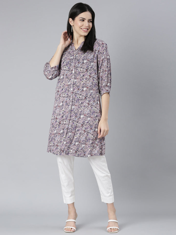 Neerus Grey georgette printed floral straight kurti - detail view 2