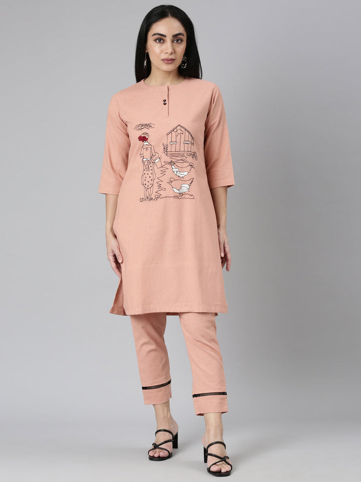 Neerus Pink rayon solid straight kurta set - front view