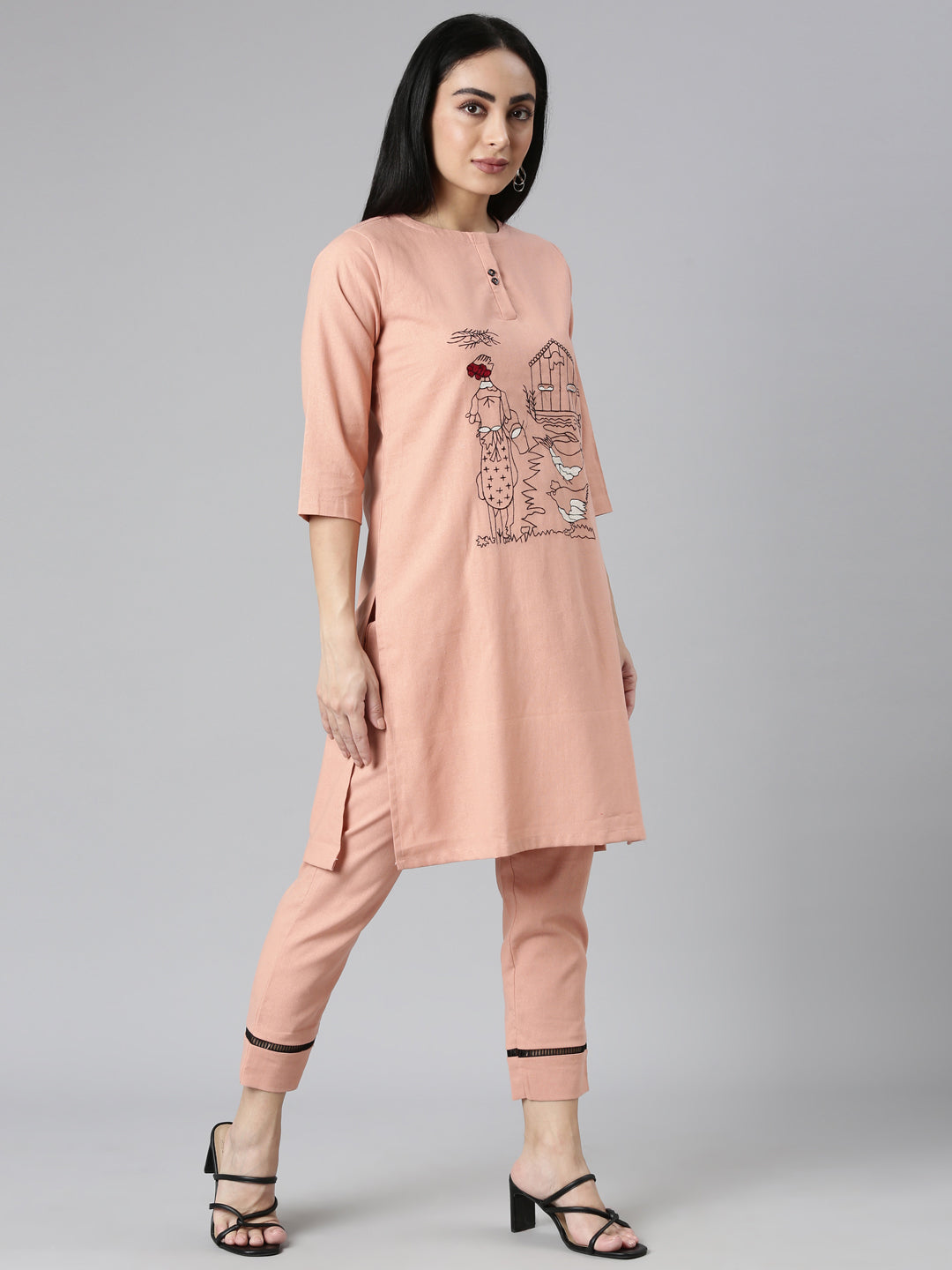 Neerus Pink rayon solid straight kurta set - back view