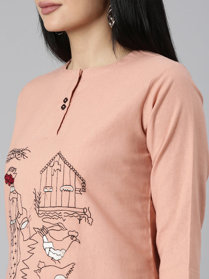 Neerus Pink rayon solid straight kurta set - detail view 1