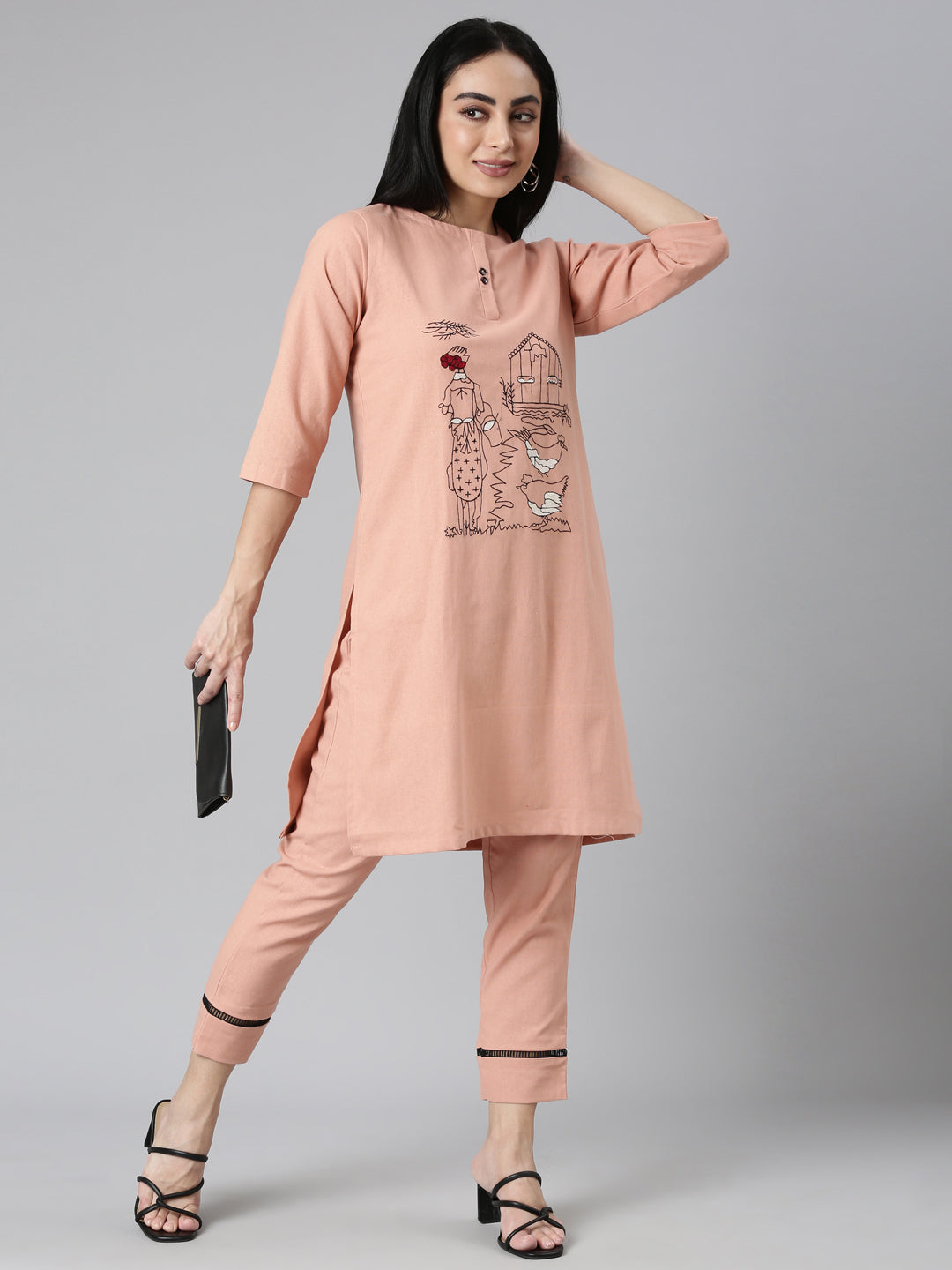 Neerus Pink rayon solid straight kurta set - detail view 2