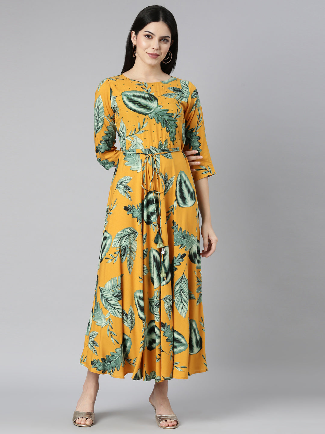 Neerus Yellow rayon printed flared dress - front view