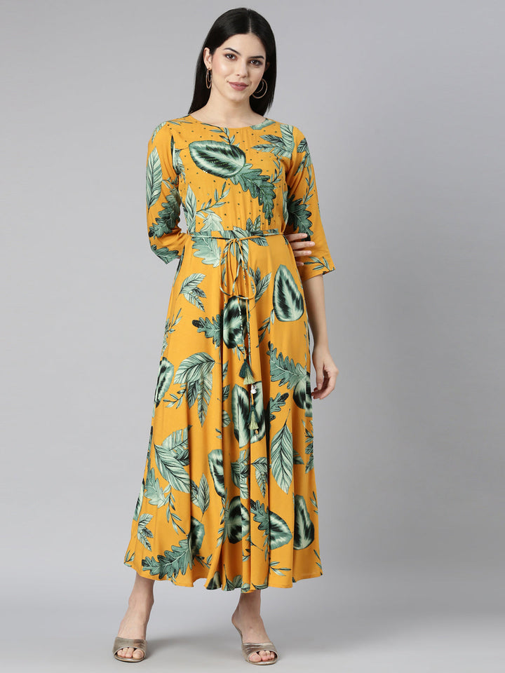 Neerus Yellow rayon printed flared dress - front view