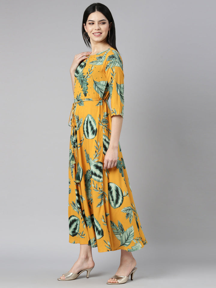 Neerus Yellow rayon printed flared dress - back view