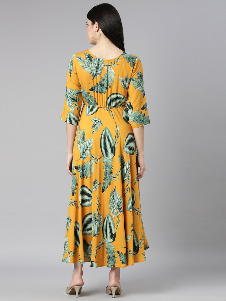 Neerus Yellow rayon printed flared dress - side view