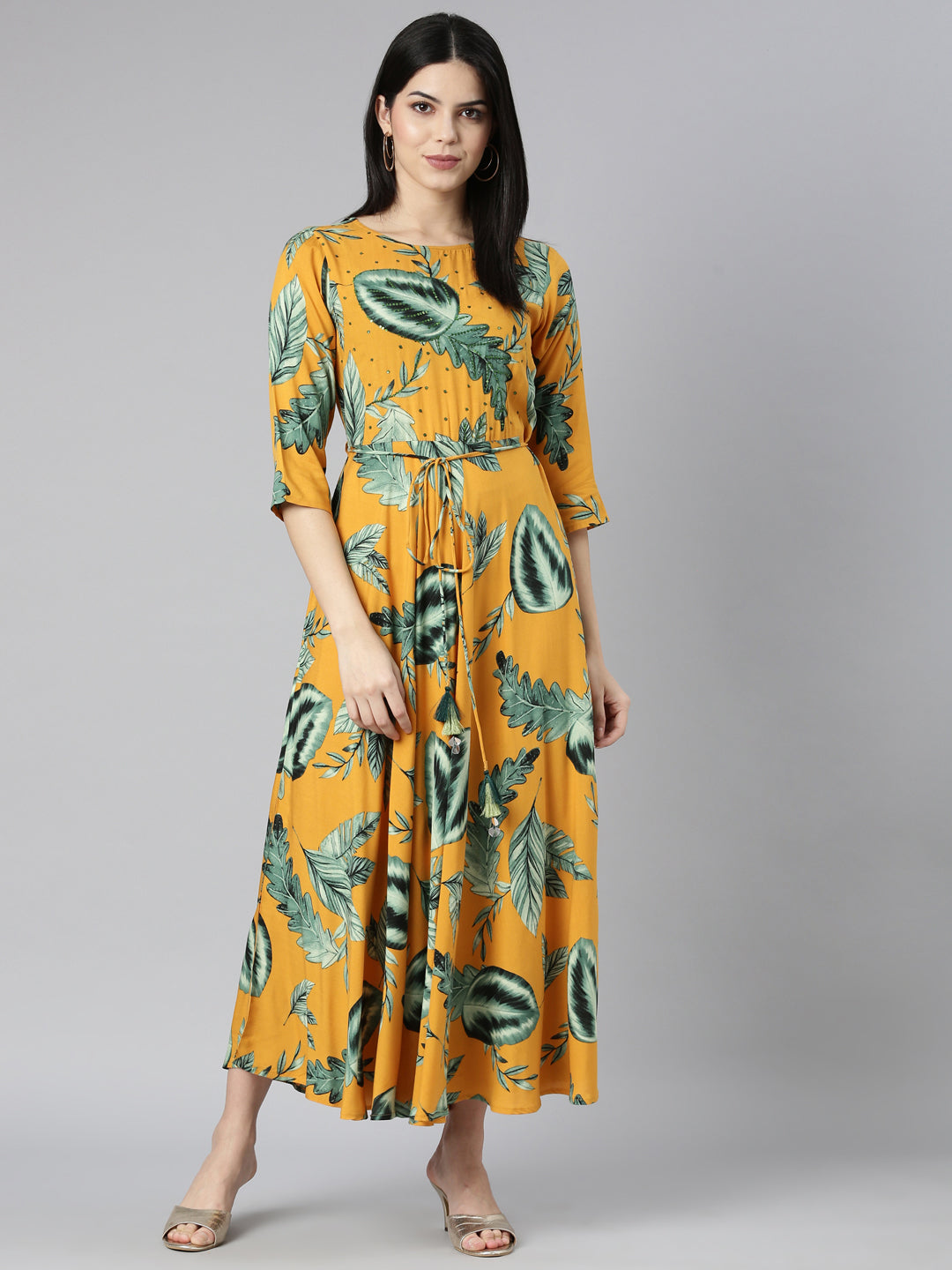 Neerus Yellow rayon printed flared dress - detail view 2